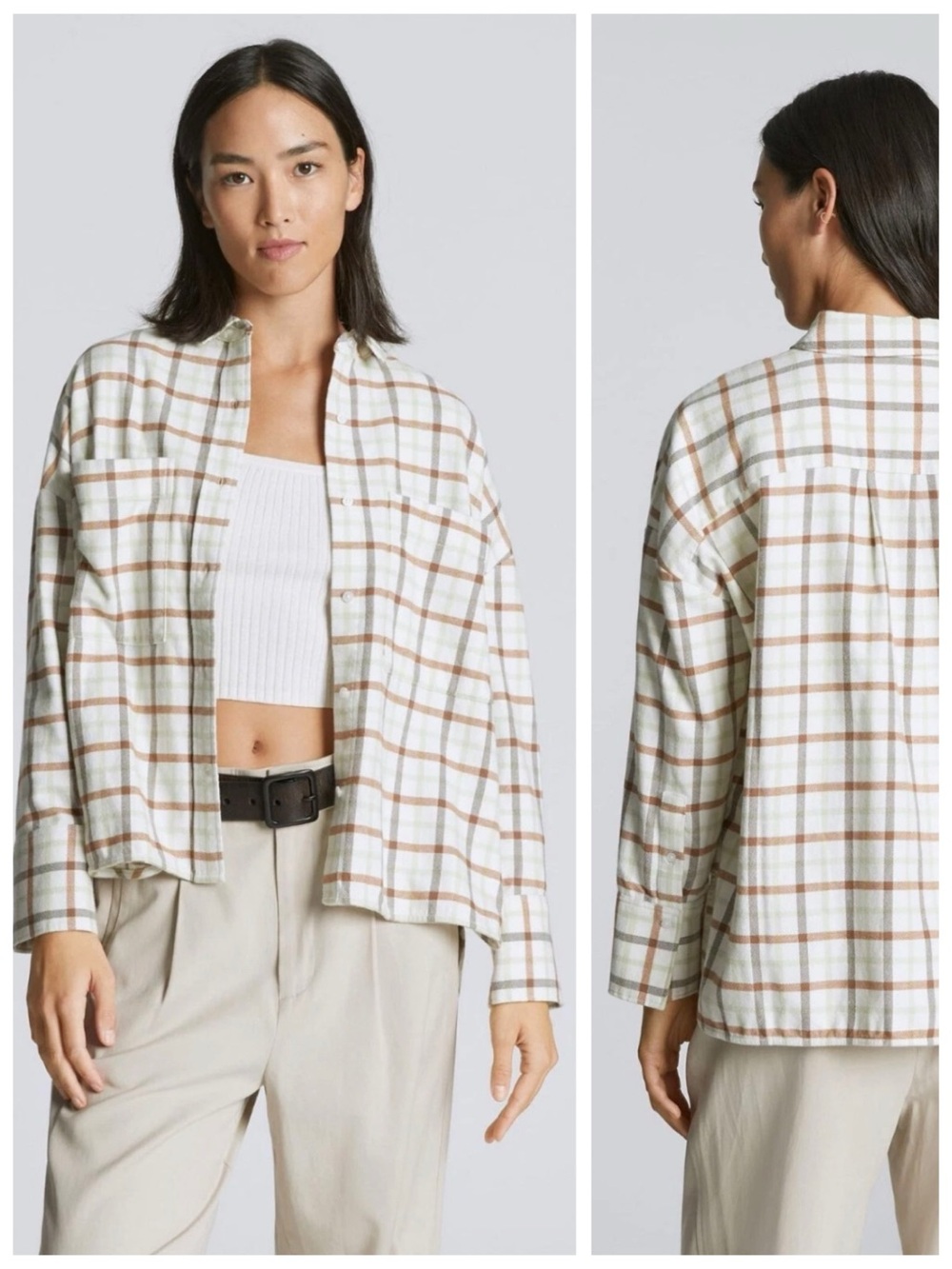 EVERLANE The Boxy Flannel Button Down Shacket Shirt, (White) Brown Plaid sz. XS